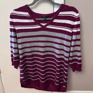 Liz Claiborne Burgundy and Gray Striped V-Neck Sweater